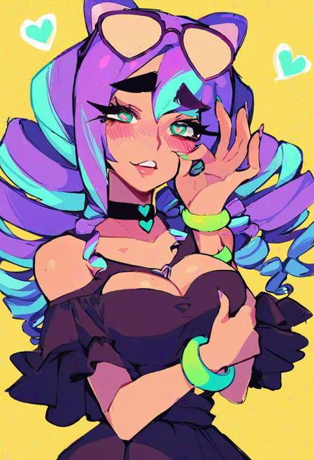 score_9, score_8_up, score_7_up, source_anime, Multi Colored Twin Drill Hair, Sunglasses, green eyes, Heart-shaped pupil,  choker, bangle, thick eyebrows, blushing, cute, Multi-colored Purple hair with stripped Neon Green Highlighted spiral twin drill perfect hands, medium breasts, 
Aheago Face
one-hand Felatio gesture at the mouth
Grabbing own Breast
Barley Contained Lust