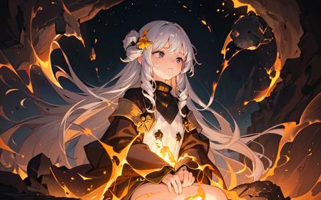 (best quality, masterpiece), (1girl, solo,brown robe, expression face, looking away, sitting, wide sleeves, black eyes, closed mouth, long hair, upper body), (night sky at cave entrance , light rising from the bottom, inside Cave, floating glowing bunch of yellow particles, burning fire at hand, floating many small fires),