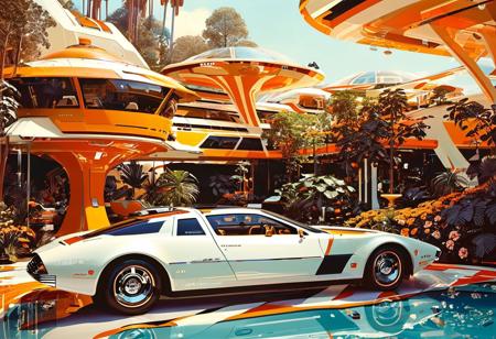 ((70's retrofutursim with Syd Mead art style)), in a world where technology and innovation intertwine with the groovy aesthetics of the 70's. Picture a utopian society, with floating gardens and eco-friendly buildings adorned with geometric patterns, Syd Mead painting style, renowned iconic retro-futuristic artworks, flying car, white color scheme