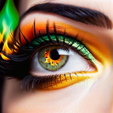 Ultra extreme closeup of a young womans eye ((((with fierce fire inferno reflecting from it)))), glossy green eye shadow, super macro, green eye, view from side, mascara, winged eyeliner, mesmerizing, eyelash extension, shallow depth of field, f/1.4, focus blur, beautiful, bokeh, reflections, ultra realistic, gorgeous, silky smooth skin, dramatic light