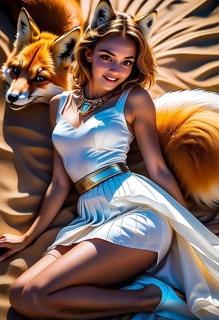 Realistic, 35mm photo canon EOS, 1girl, cute, classy, glam pose, lying on stomach, ancient greek white dress, futuristic powered necklace, flirty, elegant, desirable , 1 huge perfect foxtail, her tail is a part of her anatomy, her tail is rooted at the top of the buttocks,