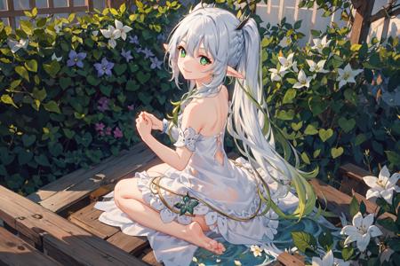 1 girl, solo, highres, looking at viewer, masterpiece,best quality, extremely detailed, perfect lighting, sunny, light tracing, detailed beautiful face, looking at viewer, white dress, see-through, thights, braid, sidelocks, pointy ears, side ponytail, multicolored hair, white hair, green hair, gradient hair, green eyes, symbol-shaped pupils, bare shoulders, smile, white bloomers, soft shadow, wariza, barefoot, bare legs, from above, from behind, hands above head, garden, <lora:nahidaGenshinImpactV1:0.5>