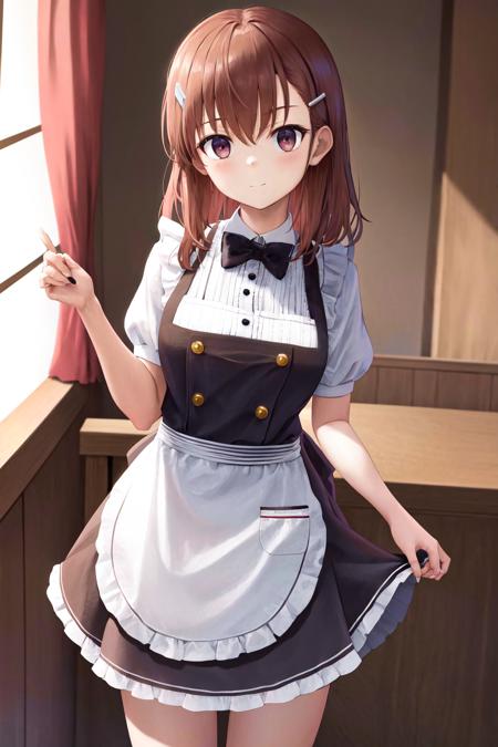 masterpiece, best quality, highres, 1girl hairclip <lora:misaka_mikoto_no_outfit:1> maid apron