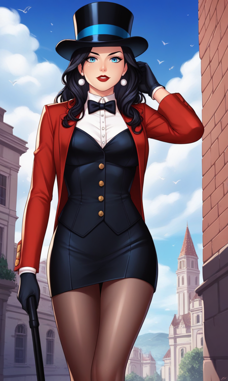 1woman,black hair,blue eyes,top hat,zatanna