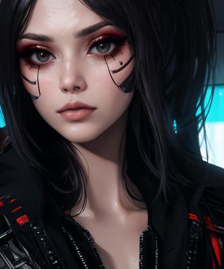 (Photo:1.3), highdetail, dark theme, (cyber_mark: 1.1), cyborg, facial mark, 1girl, long hair, black hair, closed mouth, collarbone, ponytail, black eyes, lips, head tilt, eyelashes, makeup, eyeshadow, eyeliner, looking at viewer, upper body, solo, <lora:cyber_mark-07:0.8> <lora:LowRA:0.3> <lora:epi_noiseoffset2:1>, (cyberpunk style:1.3), medium intensity lighting, (emphasis lines:1.3), (masterpiece, best quality, absurdres, detailed, ultra-detailed:1.3), (HDR:1.3)