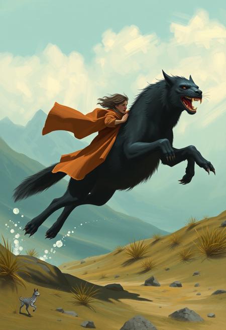 «He sprang into the air and flew in great lunging strides after the black creature. »  horizon style