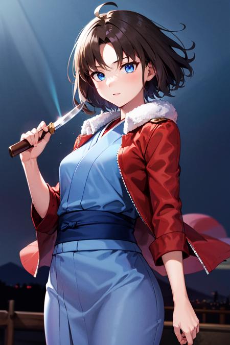 masterpiece, best quality, highres, hmshiki, short hair, ahoge, red jacket, blue eyes, blue kimono, open clothes, fur trim, <lora:ryougi_shiki_v1:0.7>, holding weapon, knife, night, cowboy shot