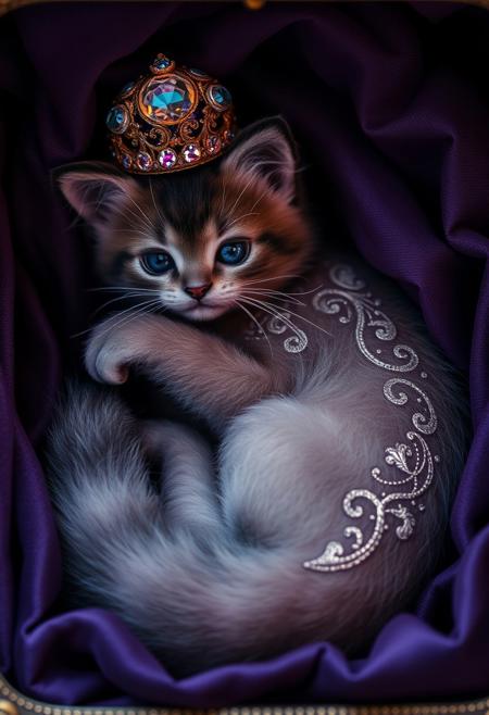 "In a velvet-draped, gemstone-encrusted box, a windup toy kitten lay coiled, its fur a tapestry of twilight hues: amethyst, rose, and smoke. Intricate, swirling patterns danced across its body, etched in silver and gold, like the whims of a mad calligrapher. A delicate, crystal-encrusted crown perched atop its head, casting a kaleidoscope of colors across the surrounding shadows. As the key was turned, the kitten's sapphire eyes would flash, and it would unfurl, its mechanical limbs unfolding like a lotus, releasing a whispered serenade of tinkling chimes and silken music." highest-Quality, intricate details, visually stunning, Masterpiece