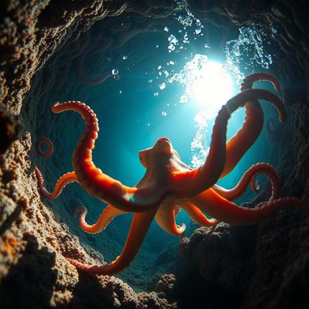 a very detailed close picture of an octopus escaping a labirinth   underwater near ,sunlight pasing throw water