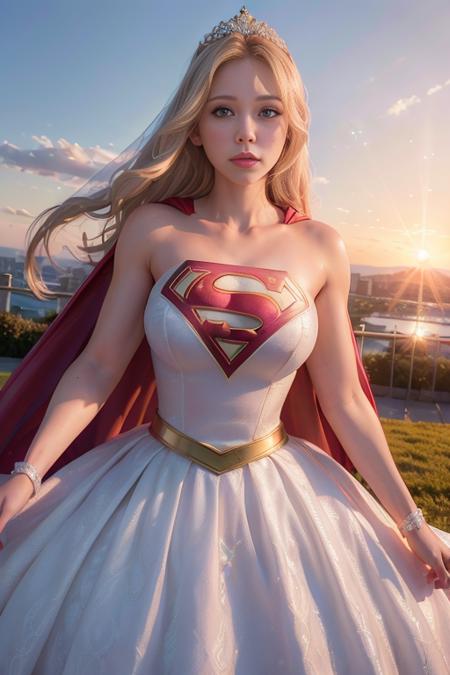 <lora:betterCuteAsian03:0.3>, (supergirl wedding dress,wearing wedding princess dress, wearing supergirl_cosplay_outfit:1.3), sunset, 
good hand,4k, high-res, masterpiece, best quality, head:1.3,((Hasselblad photography)), finely detailed skin, sharp focus, (cinematic lighting), night, soft lighting, dynamic angle, [:(detailed face:1.2):0.2], medium breasts, outside, <lyco:supergirl_wedding-10:0.4>