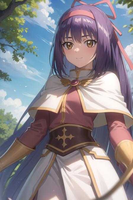 ragnarok yufa, long hair, ribbon, hair ribbon, ponytail, purple hair, hairband, sidelocks, (brown eyes:1.5) long sleeves, capelet, white capelet, gloves, white gloves, dress, red dress, skirt, white skirt,