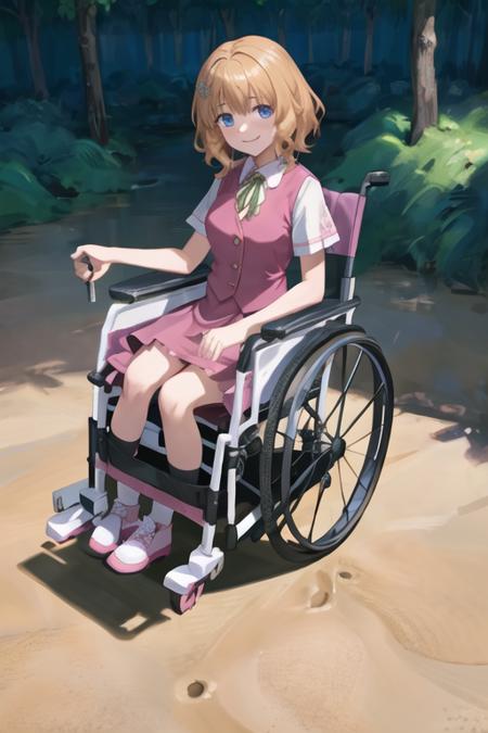 1girl, sxhelen, blonde hair, medium hair, blue eyes, pink vest, neck ribbon, pink skirt, forest, wheelchair, smile <lora:sonicx_helen:0.7>