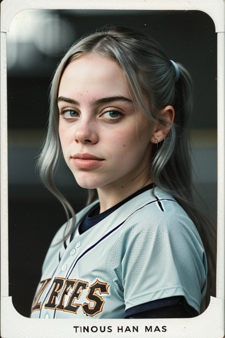 BillieEilish, 1girl, solo, early 1900s ((baseball card:1.2)), Honus Wagner, 1911 American Tobacco Company T206, 160mm f/8, 1/10s, ISO 25, ((tintype, portrait, full color, gradient)), vintage baseball uniform, ((geometric halftone background))