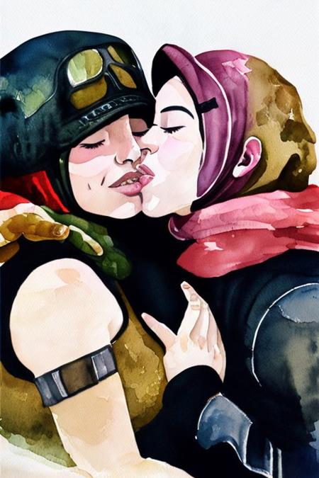 (arabic gerudo valley 1girl:1.1) tribe woman kissing (ganondorf  villain 1boy:1.1) on the cheek kissingcheek hetero <lora:wcolors-step00001600:0.9> watercolor painting <lora:kissingcheek:0.8>