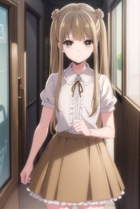 norikokamomebata, <lora:noriko kamomebata s1-lora-nochekaiser:1>,
noriko kamomebata, long hair, blonde hair, brown hair, hair ornament, twintails, (brown eyes:1.5), flower, hair flower,
BREAK skirt, shirt, ribbon, short sleeves, frills, shoes, socks, puffy sleeves, black skirt, neck ribbon, white socks, mary janes, frilled socks,
BREAK indoors, classroom,
BREAK looking at viewer, (cowboy shot:1.5),
BREAK <lyco:GoodHands-beta2:1>, (masterpiece:1.2), best quality, high resolution, unity 8k wallpaper, (illustration:0.8), (beautiful detailed eyes:1.6), extremely detailed face, perfect lighting, extremely detailed CG, (perfect hands, perfect anatomy),