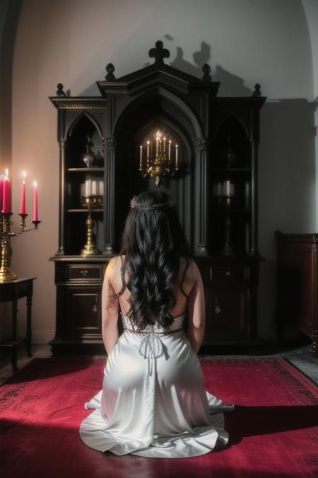 RAW photo, 8k uhd, dslr, high quality, film grain, Fujifilm XT3.
View from behind, dark mansion, 1woman, satin white dress, blood-stained, voluptuous body, kneeling, gothic-sacrificing alter, room lit by candles golden chalice, blood spilling out