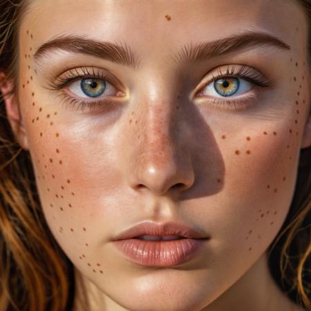 Capture an up-close, hyper-realistic image of a young woman's face, highlighting the intricate details of her freckles, the unique patterns in her irises, and the natural texture of her lips. Her expression is serene, eyes gazing into the distance, lost in thought.