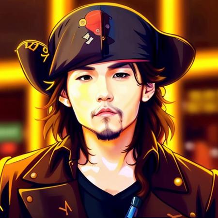 jack sparrow, anime style, criin, masterpiece, best quality, 1boy brown eyes, hat, brown hair, cyberpunk, futuristic, neon lights, <lora:jay-v1:1>