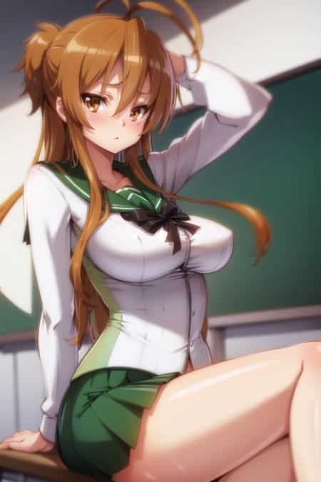 <lora:miyamoto_rei_v1.0:0.7> , green sailor collar, long sleeves, white shirt, black bow, green skirt,  brown hair, brown eyes, hair between eyes, ponytail, white underwear,  long hair, 
<lora:mitsuart_v5.0:0.3>, arms behind back, thighs, classroom, sitting on desk, solo, antenna hair,, masterpiece, best quality, highly detailed