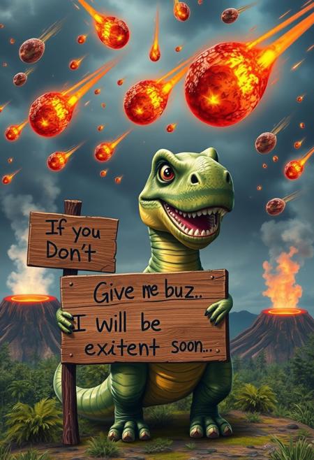 “A friendly, dog-like T-Rex standing upright, holding a hand-painted wooden sign that reads: ‘If you don’t give me buzz, I will be extinct soon…’. The T-Rex has a goofy, endearing smile and wide, sparkling eyes that make it look as lovable as a playful dog. The prehistoric setting features lush greenery and steaming volcanoes, but the sky is chaotic, filled with a plethora of smaller burning asteroids streaking down toward Earth, leaving fiery trails behind. The looming disaster contrasts hilariously with the T-Rex’s cheerful, oblivious demeanor, making the scene both comedic and slightly apocalyptic.”