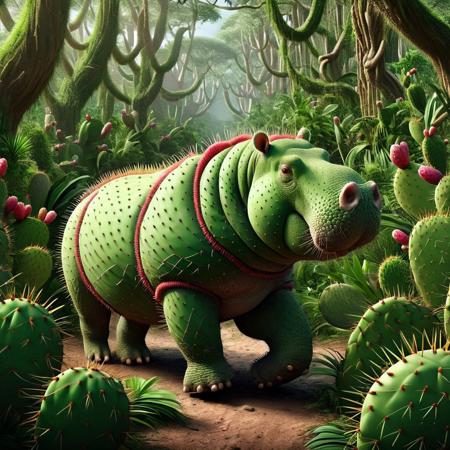 Harry the Hippo striding therough the jungle, parrots  <lora:Prickly Pear Style v1:1>, Prickly Pear Style,