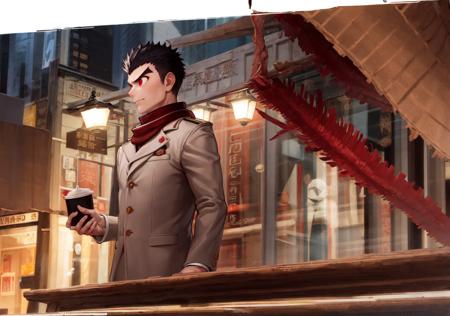 masterpiece, best quality,  night, city, <lora:IshimaruB2-16:0.65>, 1boy, thick eyebrows, red eyes, very short hair, red scarf, long coat, city, night, coffee, (ishimaru kiyotaka:0.8), muscular,