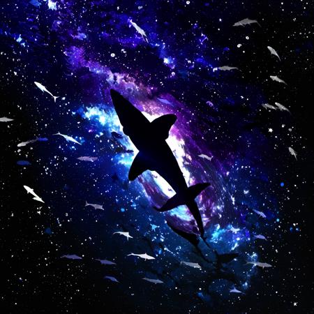 <lora:star_xl_v2:1>,
a space scene with a large group of birds flying through the sky and a lot of stars in the background, solo, monochrome, sky, no humans, night, star \(sky\), scenery, starry sky, fish, blue theme, silhouette, 1girl, moon, night sky, space, pillar, The image showcases a mesmerizing cosmic scene where a silhouette of a shark is swimming amidst a vast expanse of space. The backdrop is a vibrant blend of deep blues, purples, and hints of white, reminiscent of a galaxy or nebula. The shark, with its elongated body and tail, appears to be swimming upwards, with its silhouette contrasting sharply against the luminescent cosmic backdrop. The image evokes a sense of wonder, mystery, and the vastness of the universe., shark, cosmic scene, vast expanse of space, galaxy or nebula, elongated body, tail, luminescent, wonder, universe