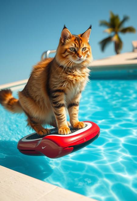 a sexy cat furry riding on a hoverboard above a swimming pool, leaving a cool water trail