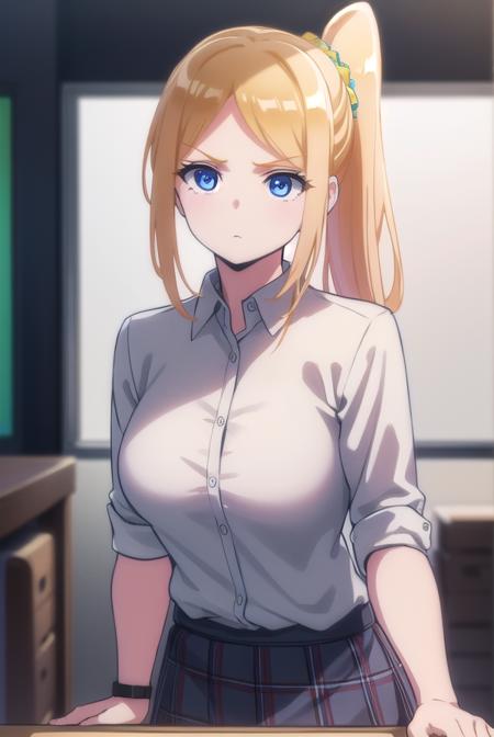 clairethomas, <lora:claire thomas anime s1-lora-nochekaiser:1>,
claire thomas, long hair, blue eyes, blonde hair, ponytail, scrunchie,
BREAK skirt, shirt, school uniform, white shirt, plaid, plaid skirt,
BREAK indoors, classroom,
BREAK looking at viewer,
BREAK <lyco:GoodHands-beta2:1>, (masterpiece:1.2), best quality, high resolution, unity 8k wallpaper, (illustration:0.8), (beautiful detailed eyes:1.6), extremely detailed face, perfect lighting, extremely detailed CG, (perfect hands, perfect anatomy),