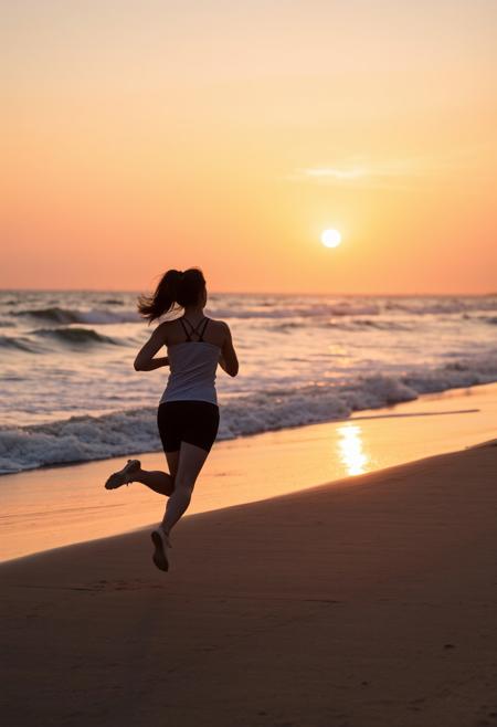 A woman is running on the beach at sunset