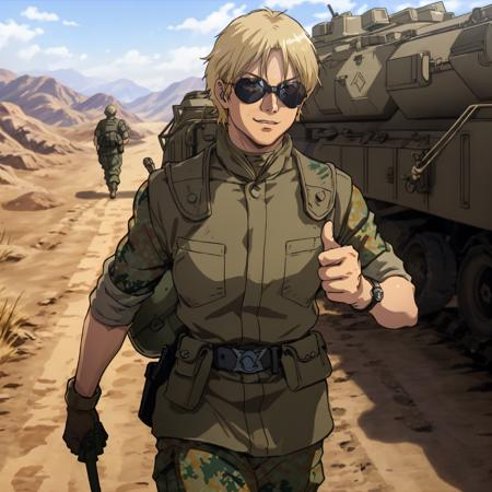 photorealistic, cinematic, <lora:Zeon Soldier:0.8>, zeon soldier, sunglasses, smirk, thumbs up, walking