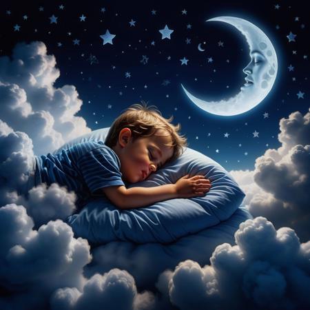 Ultra realistic color pencil  image of
a little boy sleeping on fluffy clouds, with the crescent moon and stars up above.
BREAK
 Deep dark intense midnight blue misty background
Dark theme, dynamic lighting, (soft shadows), (soft focus), (photo realistic), uhd, 8k