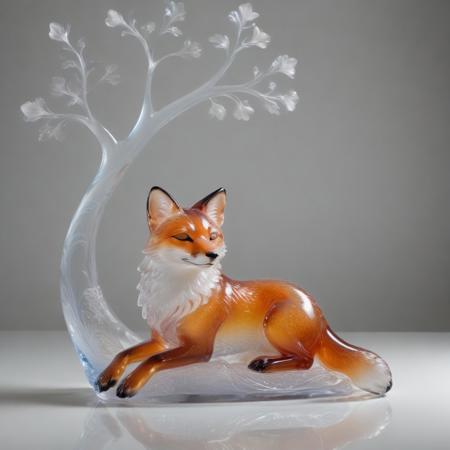 ((translucent fox)), (blossom trees), sleeping pose, soft fur made of shimmering glass, warm dawn light, peaceful ambiance, murano_glass_style  
Negative: (harsh colors, jagged edges, stiff anatomy, low emotion)