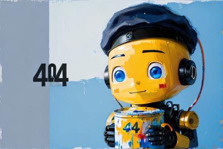 robot,robot_toy,beret,painting,canvas, paint, paint pot, colors,  (canvas with text "404":1.2),brush,holding
