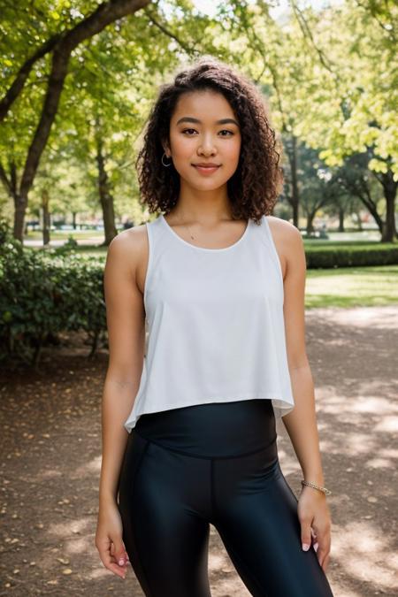 RAW photo of mackjo, portrait, Sleeveless tunic and leggings for a yoga session in the park, (high detailed skin:1.2), 8k uhd, dslr, soft lighting, high quality, film grain, Fujifilm XT3 , <lora:mackjo:1>