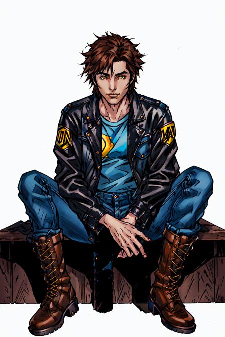 Duskfallcrew Art Style,  solo,  looking at viewer,  brown hair,  shirt,  1boy,  brown eyes,  sitting,  jacket,  yellow eyes,  male focus,  boots,  pants,  black jacket,  parody,  brown footwear,  blue shirt,  denim,  jeans,  leather,  leather jacket,  cowboy boots,  official art, <lora:EMS-57370-EMS:0.600000>