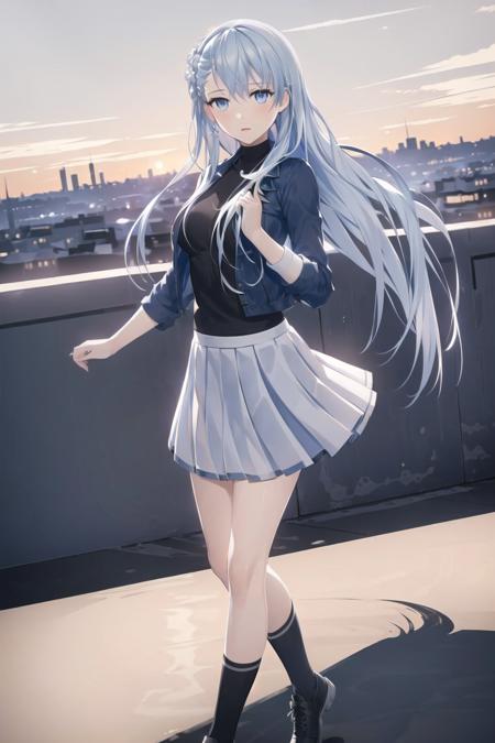 (best quality:1.1),(masterpiece:1.1),(illustration:1.1),(official art:1.1), look at cammera, front view,
city background, beautiful day sky,
1girl, solo focus, blue_hair, long hair, blue eyes, full body, standing ,dynamic pose, white skirt, black sock, black shoes,
(suzuna:1.2), <lora:suzuna:0.8>,