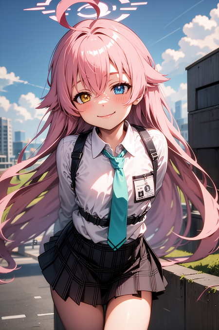 1girl, solo, (masterpiece, best quality), outdoors, blush, thighs, standing, flat chest, long sleeves, hoshino, pink hair, long hair, hair between eyes, ahoge, yellow eyes, blue eyes, heterochromia, halo, collared shirt, puffy sleeves, blue necktie, chest harness, shoulder strap, black skirt, pleated skirt, plaid skirt, smile, closed mouth, leaning forward, arms behind back