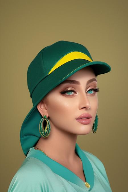 masterpiece, best quality, 1girl, aqua eyes, baseball cap, blonde hair, closed mouth, earrings, green background, hat, hoop earrings, jewelry, looking at viewer, shirt, short hair, simple background, solo, upper body, yellow shirt 