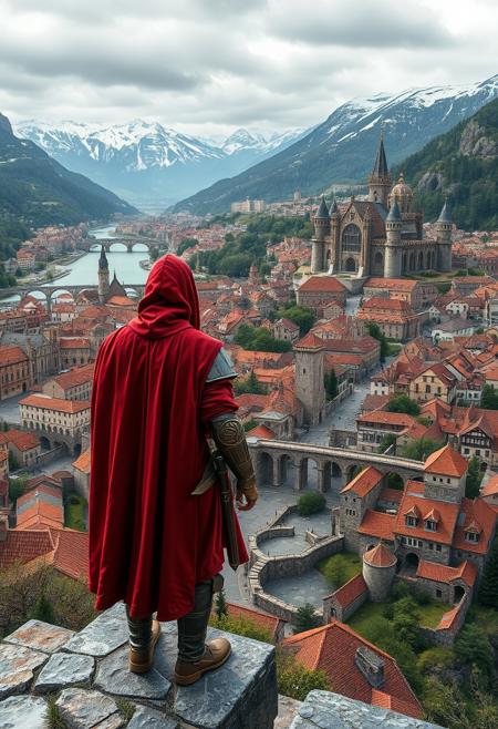 High quality high resolution digital photograph depicting a medieval cityscape from an elevated viewpoint. The layout features a sprawling city with intricate stone buildings, towers, and bridges, nestled in a lush, mountainous landscape. The subject is a lone figure with their back to the viewer, wearing a detailed, red hooded cloak and medieval armor, standing on a stone ledge overlooking the city. The city is characterized by its dense architecture, with red-tiled roofs, narrow streets, and a prominent castle with multiple towers. In the background, snow-capped mountains and a river winding through the valley add depth to the scene. The overall color palette includes earthy tones, greens, and grays, with the red cloak providing a striking contrast.