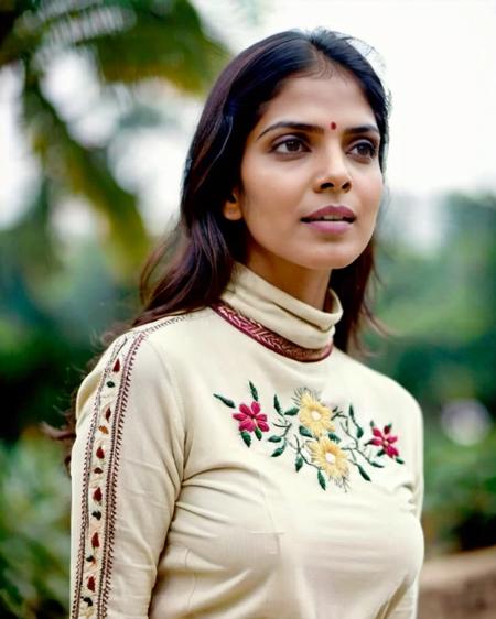 ultrarealistic portrait soft focus photo of a 30-year-old woman, malavika mohanan, outdoors, covered chest, embroidered turtleneck kurta, Point-of-view shot camera angle, looking looking at camera, midday time, beautiful bokeh, film grain <lora:Malavika_Mohanan_SDXL_LoRA:0.8>