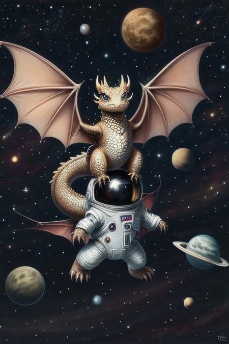A cute dragon flying through space wearing a space suit, (cut13cl0th3stech:1)