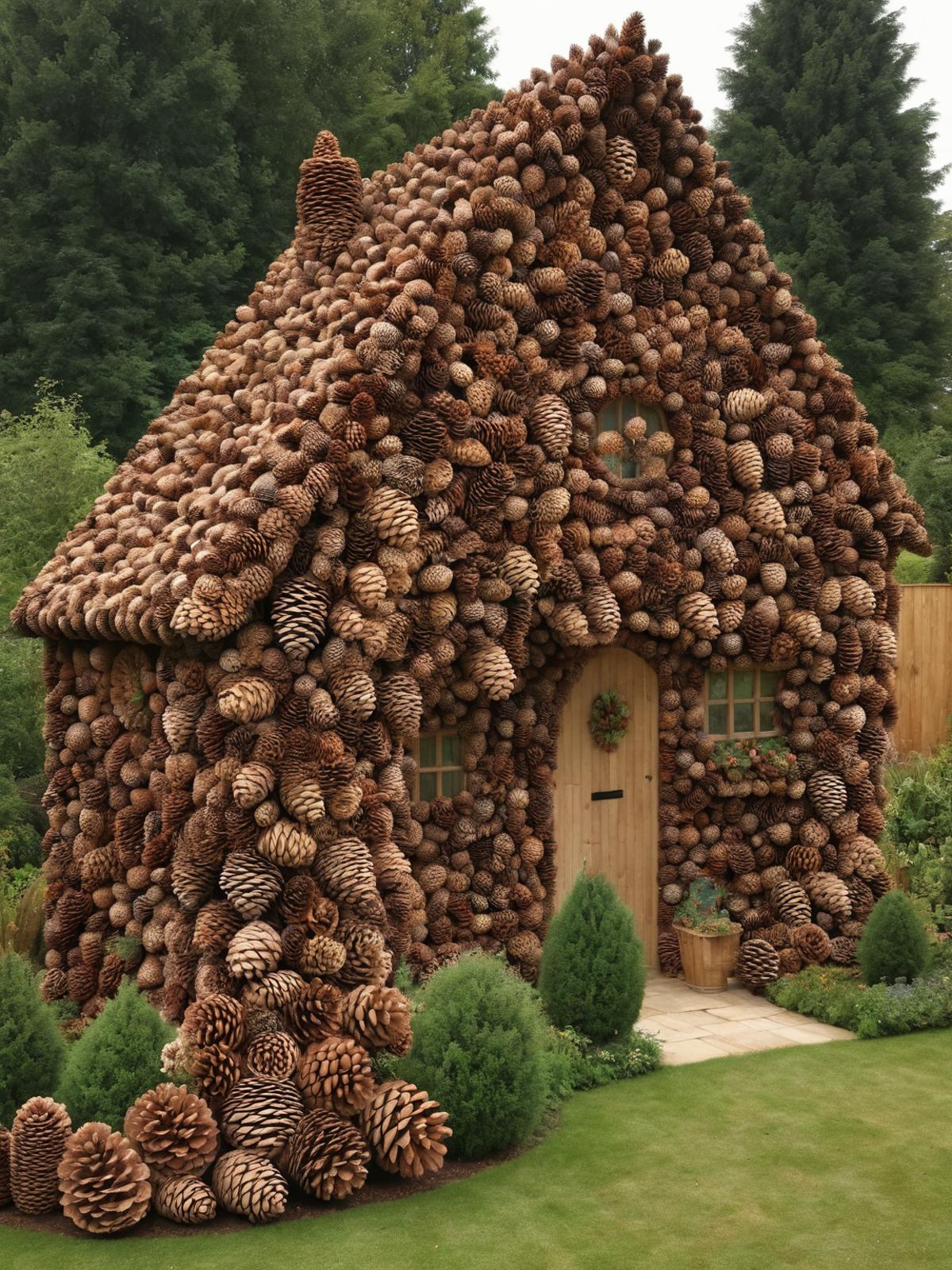 A house covered in pinecones with a garden in the yard.