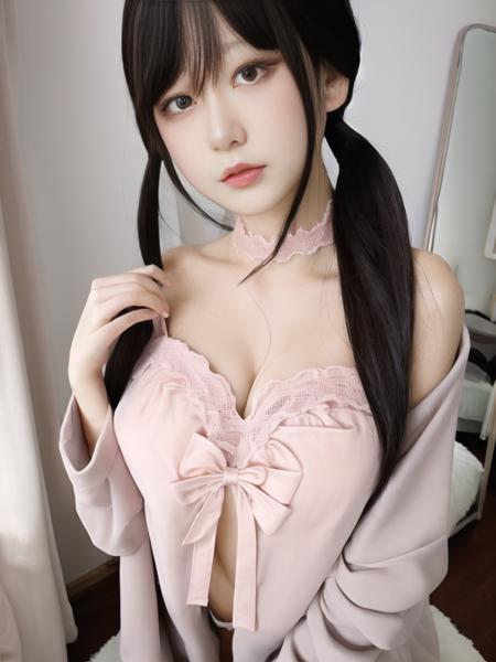 1girl, solo, twintails, breasts, looking at viewer, black hair, see-through, brown eyes, upper body, long hair, brown hair, realistic, choker, lips, blush, makeup, breast,