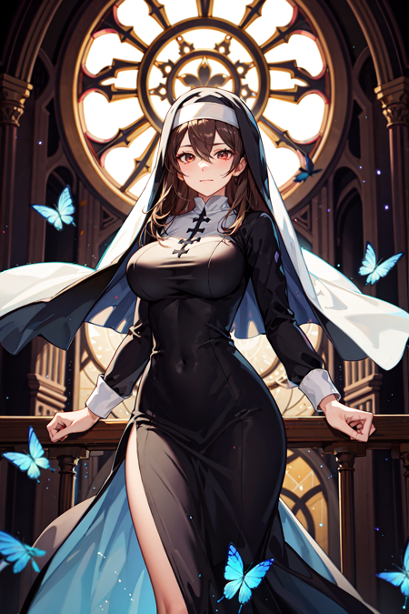 official art, unity 8k wallpaper, ultra detailed, beautiful and aesthetic, High quality, beautiful, masterpiece, best quality, (zentangle, mandala, tangle, entangle:0.6), 1girl, solo, blue butterfly, breasts, veil, nun, butterfly, large breasts, bug, bangs, long hair, long sleeves, dress, black dress, looking at viewer, brown hair, closed mouth,  gothic church scene, side lighting, rim lighting, demonic view, indoors, hair between eyes, underboob, sky, window, pillar, pelvic curtain, water splash, wind swept, glitter,ultra sharp