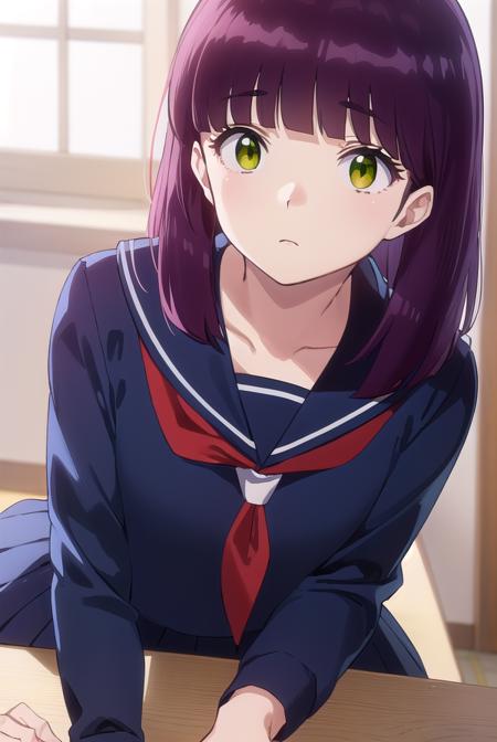 shinobumiyake, <lora:shinobu miyake s1-lora-nochekaiser:1>,
shinobu miyake, long hair, bangs, purple hair, (green eyes:1.5),
BREAK shirt, long sleeves, school uniform, serafuku, sailor collar, neckerchief, red neckerchief, shirt, blue shirt, blue sailor collar, blue skirt,
BREAK indoors, classroom,
BREAK looking at viewer, (cowboy shot:1.5),
BREAK <lyco:GoodHands-beta2:1>, (masterpiece:1.2), best quality, high resolution, unity 8k wallpaper, (illustration:0.8), (beautiful detailed eyes:1.6), extremely detailed face, perfect lighting, extremely detailed CG, (perfect hands, perfect anatomy),