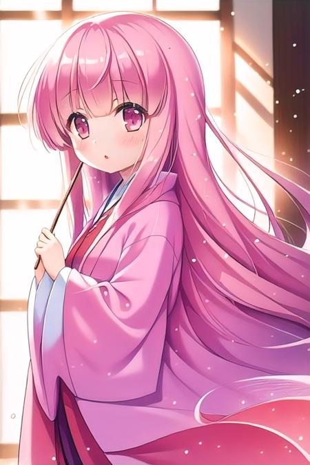 (1girl), masterpiece, best quality, absurdres, cute, extremely detailed face, perfect lighting, <lora:model-RO_KYU_BU-Hakamada_Hinata:0.8>, hakamada hinata, very long hair, pink hair, :o, kimono