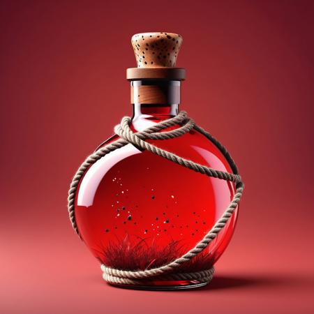POV, frontal light, Hyper-realistic, detailed, tribal design, flat texture, game item, fantasy style, red-colored magic potion in rude glass bottle, magic fog and sparks inside bottle, covered with rope, centered, side view, diffuse texture, simple colored background