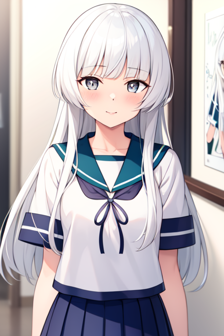 shirakumoKC,white hair, grey eyes, long hair, blunt bangs, hime cut,