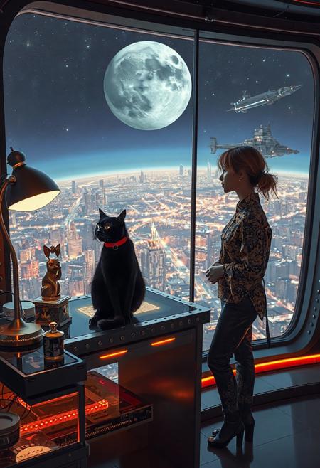 A sleek black cat with red collar sits on a cluttered metal riveted desk with transparent top and micro-LED lighted computer components visible inside, On the desk is a gold and lacquer maneki neko statue and an art deco glass and metal lamp, the Black Cat is looking out of a seamless and futuristic floor to ceiling window that looks out at a planet from low orbit, the planet is covered with the lights of enormous buildings and cities, a beautiful woman, 24 years old, is standing next to the desk the cat is sitting on and looking longingly out the window, the woman is dressed in an ornate Japanese style shirt and elegant leather pants with an ornate design. An enormous deco starship with futuristic lighting and an enormous space station are visible in the background among the stars, The woman's hair is messy from just waking up and tied up with a ribbon.  Artistic art deco, dynamic perspective, overall architectural aesthetic is Art Deco Cyberpunk.  Epic image that elicits a feeling of wonder and awe,